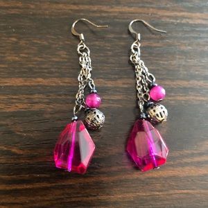 Dangling Earrings - Dark Silver Chain with Plastic Fuchsia Beads